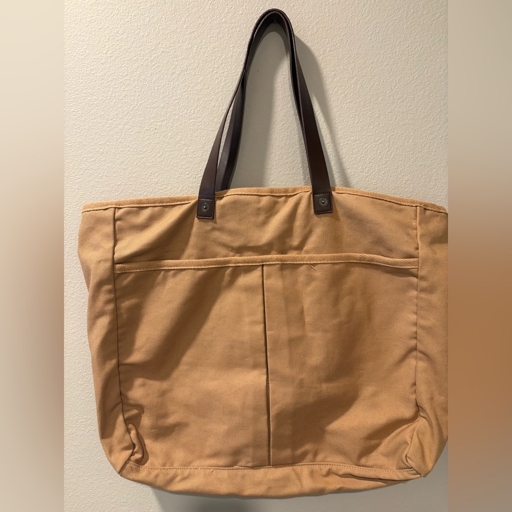 Zara Tan Canvas Tote shopper travel Bag with Brown leather Handles